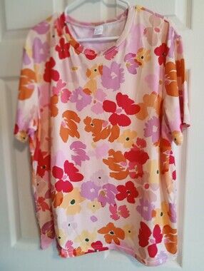 Floral Print Short Sleeve Top - Pink, Orange & Red